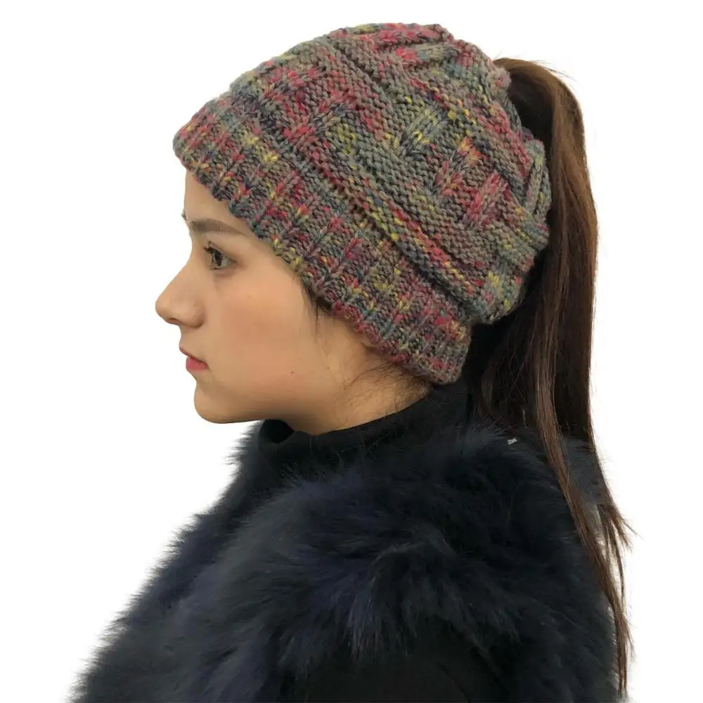Fashion Ponytail Beanie Women Winter Hats Crochet Knitted Bamboo Ski Cap Skullies Beanies Warm Caps Female Stylish Hat Ladies - Цвет: colorful red