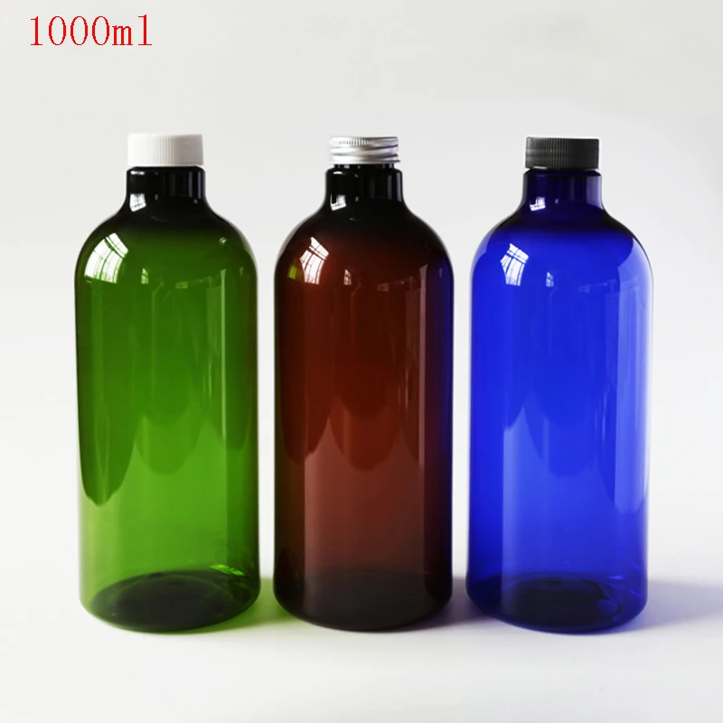 

12pcs 1000ml round brown blue green pet jar bottle container with thread plastic/Aluminum cap lid,for Cosmetic Packaging