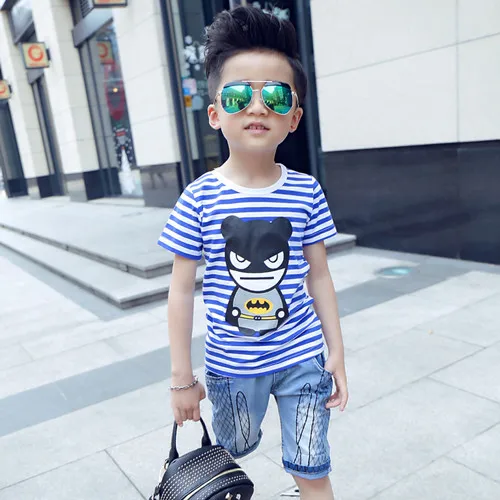 Новинка Симпатичные Бэтмен хлопок короткий рукав в полоску Одежда для мальчиков детская футболка детская, Рост 100-150 см - Цвет: Blue