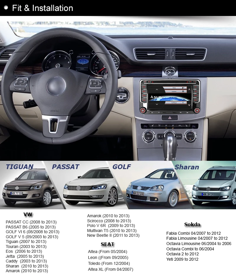 Cheap A-Sure 2 DIN Car Radio DVD Player GPS Navigation For Volkswagen VW Golf MK Passat B6 Polo Sharan Multivan T5 Touran Tiguan SKODA 6