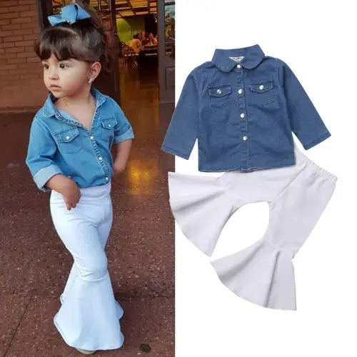 Kids Girls Off Shoulder T-shirt+Flare Trousers Solid Outfits Set Party Cloth NEW