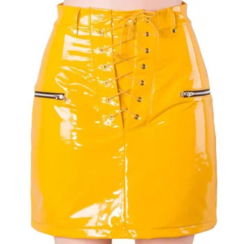 

2018 New Arrival Sexy High Waist PU Leather Skirt Women Fashion Yellow Basic Autumn Winter Solid Casual Lace Up Slim Mini Skrits