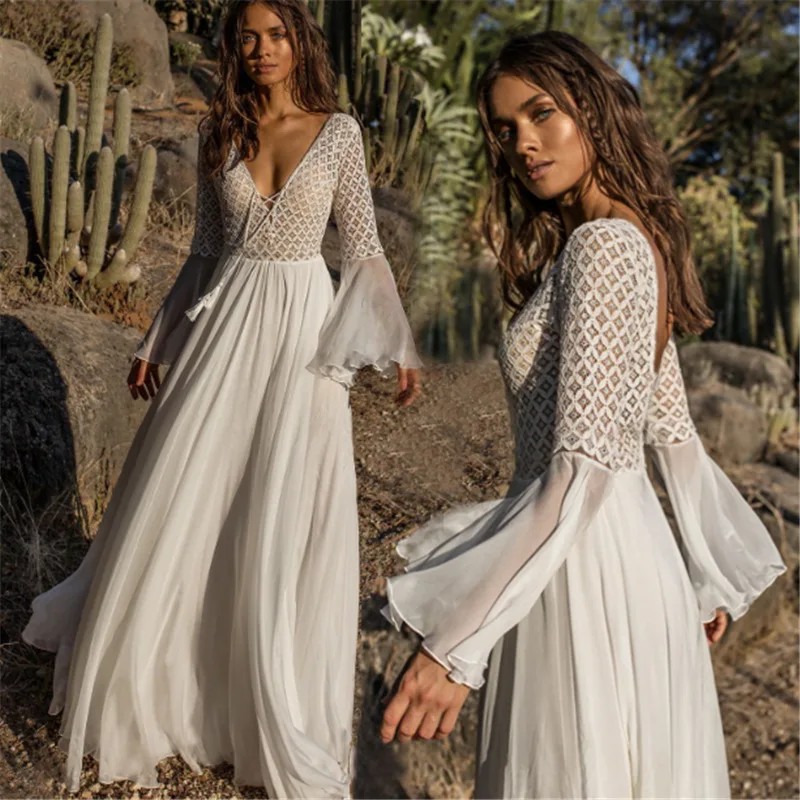 

Boho Chic Backless Tassel Beach Tunic Pareo Women Sexy V Neck Flare Sleeve Hollow Lace Patchwork Maxi Dress White Cape Cover