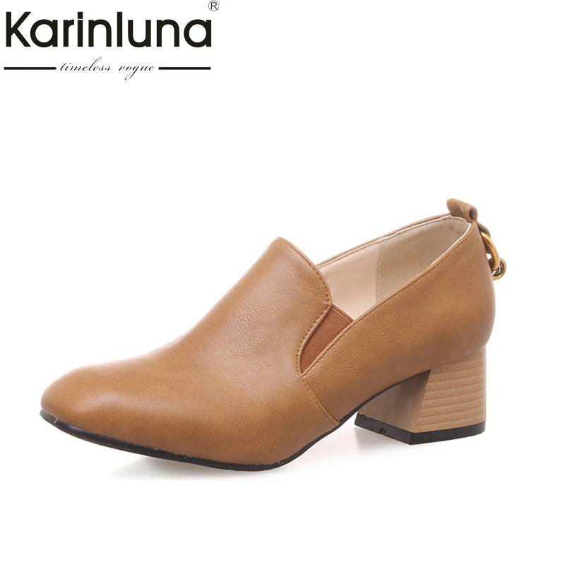 

KarinLuna Women's Vintage Chunky High Heels Office Shoes Woman Metal Decoration Black Yellow Pumps Big Size 32-46