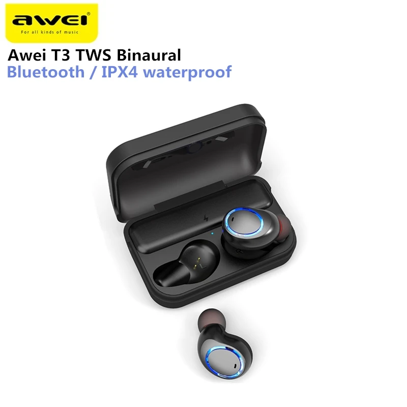 

Awei T3 TWS Binaural Bluetooth Earphones IPX4 Waterproof Wireless In-Ear Stereo Earbuds With MIC And Charging Dock