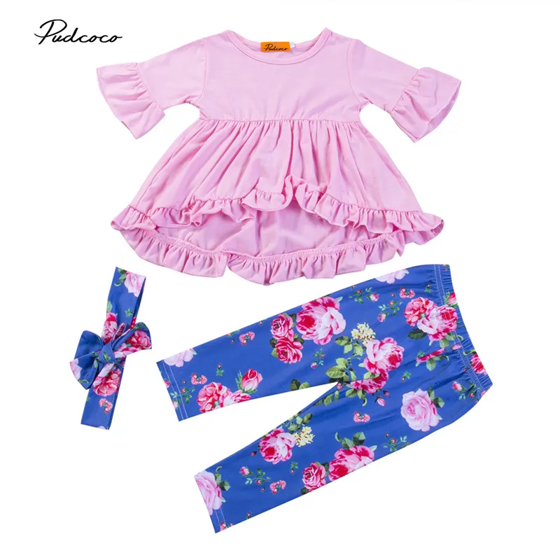 

Newborn Baby Girls Clothing Set Asymmetric T-shirt Tops+Floral Long Pants+Bow Headband 3pcs New Autumn Outfits Children Clothes