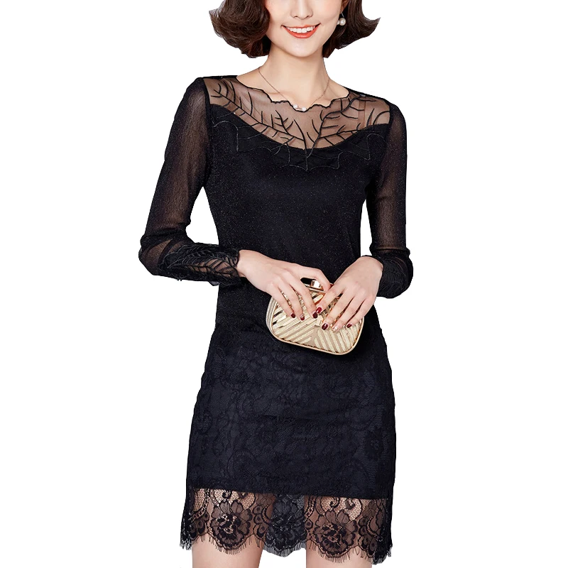 

Retro Autumn Women's Dress Bodycon Mesh Leaf Element Crochet Short Office Tshirt Dress Long Sleeve Cheap Fashionable Dresses