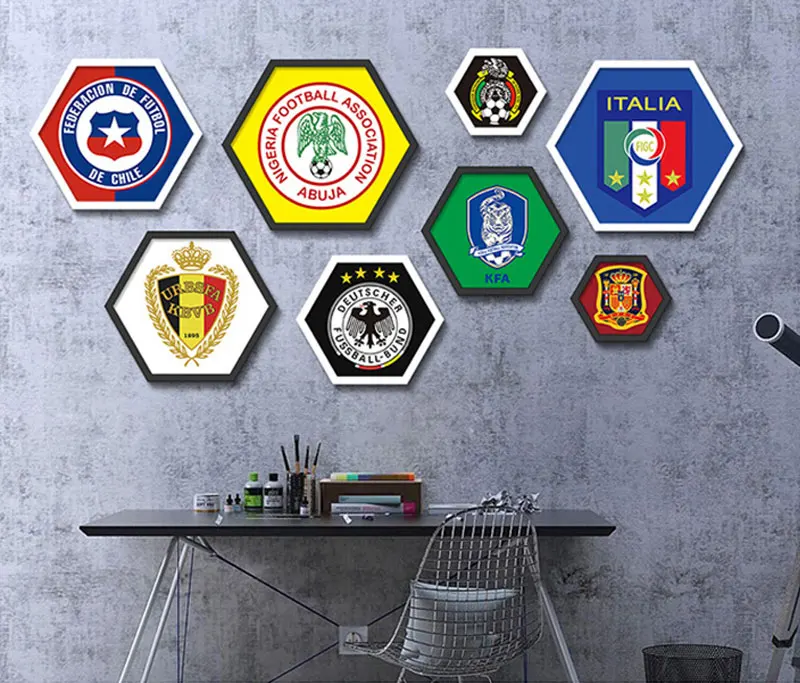 

New World Cup Party Favor Product Football Team Emblem Hexagonal Painting for Room/ Soccer Club Bar Decor