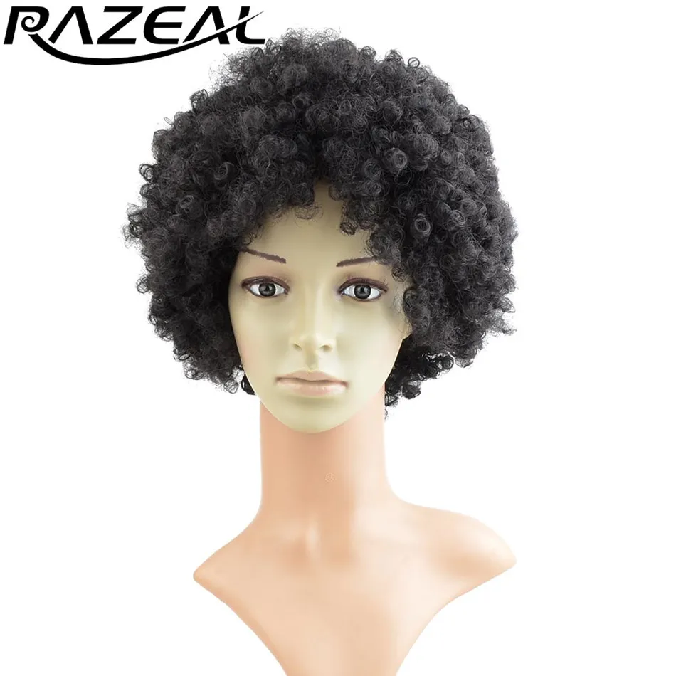 Razeal натуральный черный синтетический афро парик странный вьющиеся короткие парики афроамериканец жаропрочных волокна