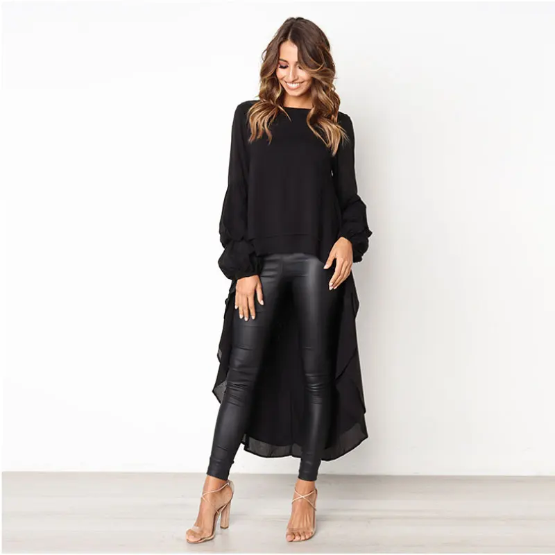 

Fashion Ladies Blouse Shirt Plus Size S-3XL Women Long Sleeve Double Layer Chiffon Blouse Elegant Loose High Low Chiffon Shirts