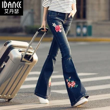 Новые длинные расклешенные брюки вышитые цветы джинсы стрейч 25-30 размер четыре сезона джинсы высокого качества брюки