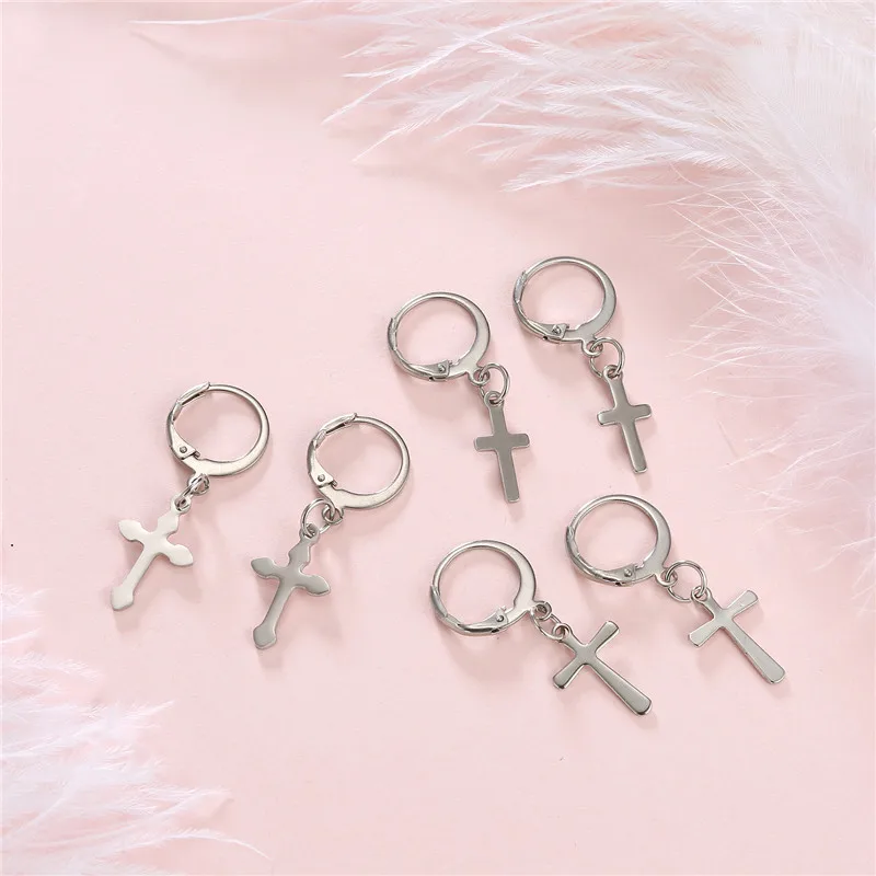 

1pair Simple Cross Pendant Small Hoop Earrings For Women Chic Silver Color Smooth Closing Endless Circle Earrings Jewelry E152