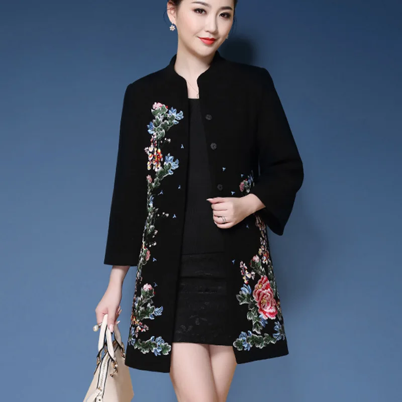 Red Black Vintage Chinese Embroidery Winter Coat Women Trench Coat Plus Size 5XL Woolen Coat For Women Long Coats 2018 High End Coats