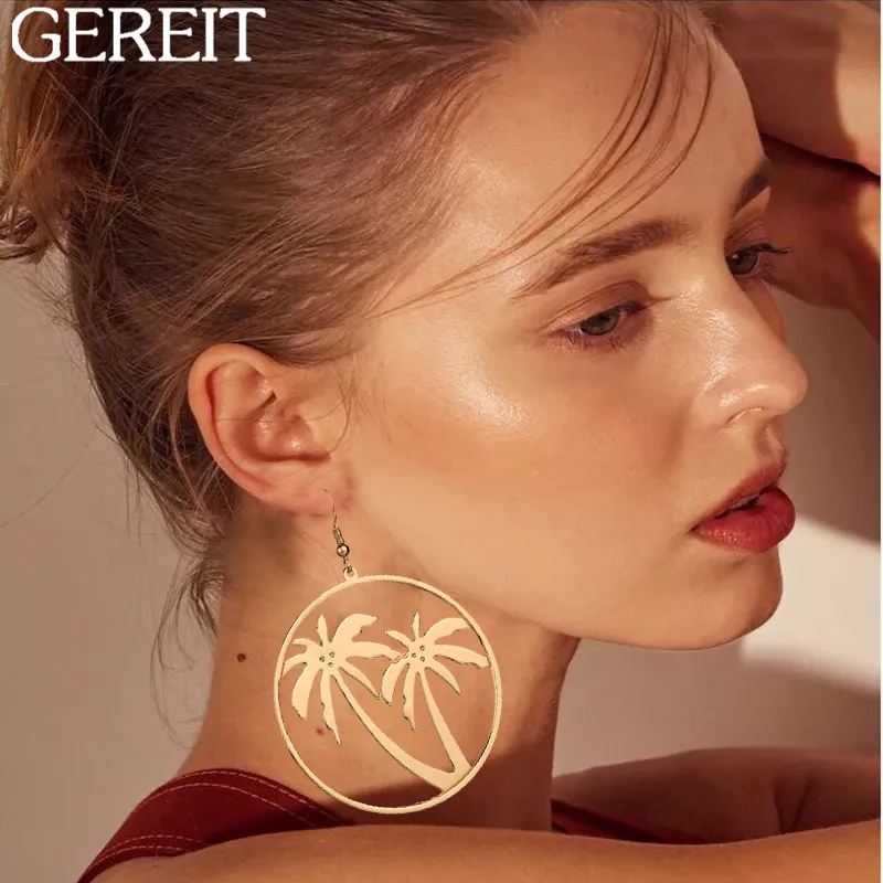 GEREIT Простой корейский золотого и серебряного цвета геометрический большой круг серьги для Для женщин девушка большой кокосовой пальмы длинные серьги ювелирные изделия