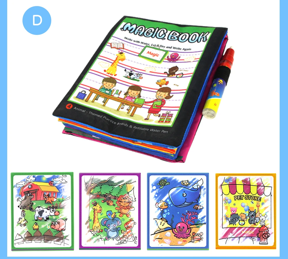 4 стиля мультфильм животное вода рисунок Ткань Книга и 2 волшебные ручки с красками доска каракули Ранние развивающие игрушки книга с зарисовками для детей