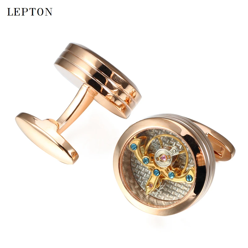 

Lepton Gold Color Tourbillon Movement Cufflinks For Mens Wedding Groom Watch Steampunk Gear Mechanism Cuff links Relojes gemelos