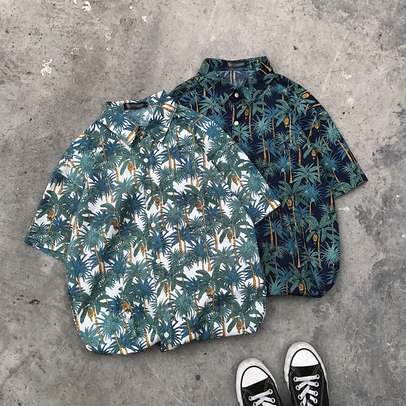 

Mens Hawaiian Shirt Vegetation Printing Man's Shirts Blue White M-2XL Summer Men Shirt Short Sleeve