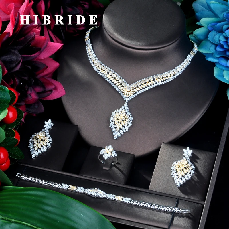 

HIBRIDE Unique Luxury Pendant Double Tone Dubai Jewelry Set CZ Earrings Necklace Women Bridal Jewelry Set Party Gifts N-899