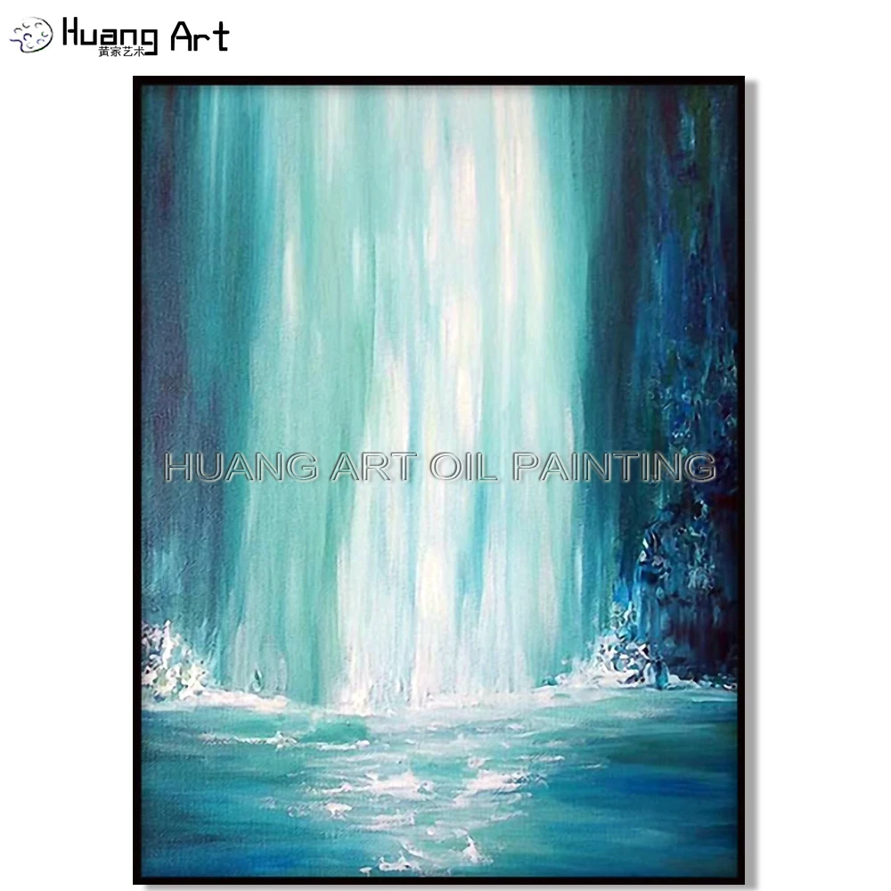 

Pure Hand Painted Abstract Waterfall Oil Painting on Canvas Knife Modern Green Abstract Landscape Oil Painting for Room Decor
