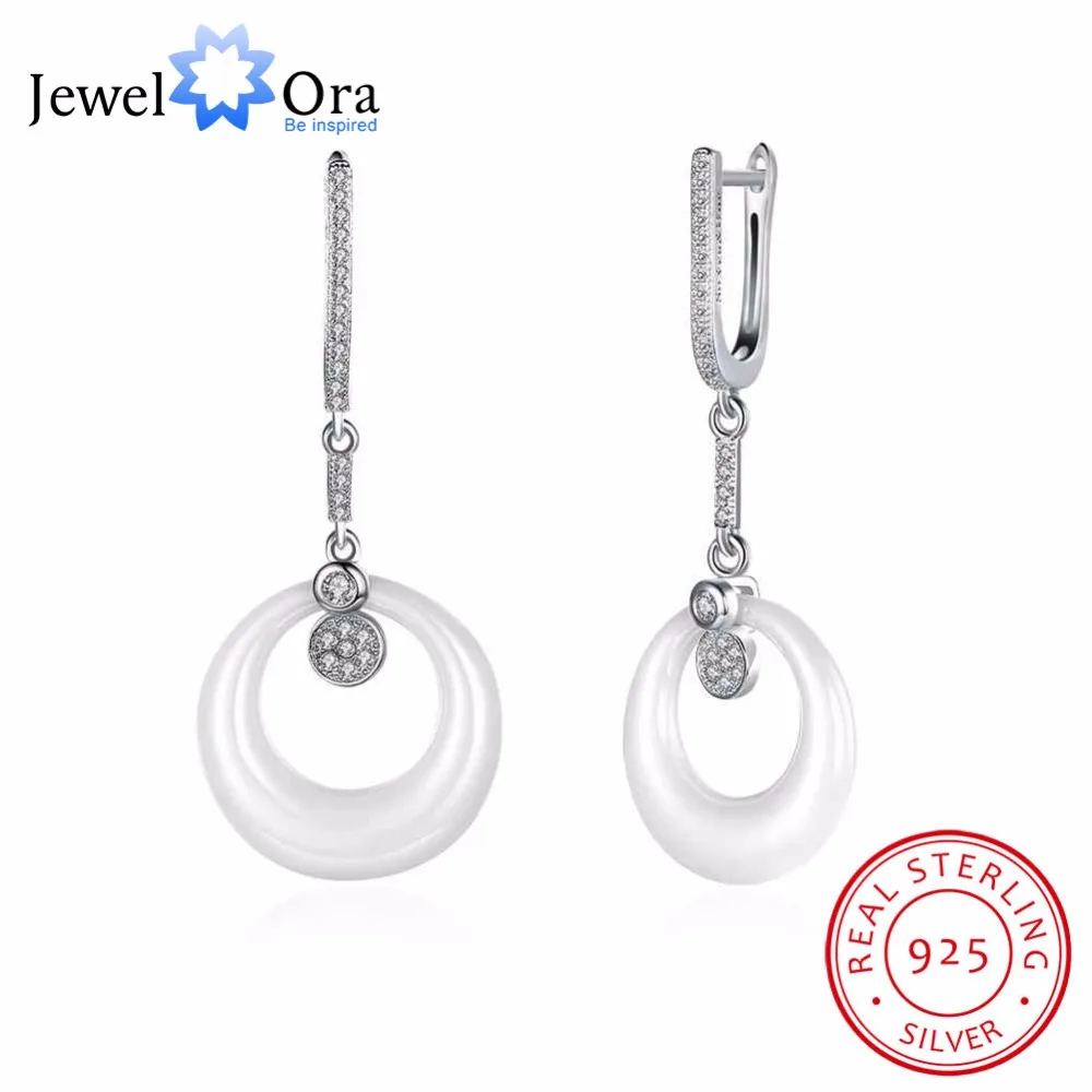 

Women 925 Sterling Silver Drop Earrings White Round Ceramic with Cubic Zirconia Dangle Drop Earrings JewelOra EA101955