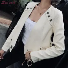 Новая кожаная куртка со звездами на ремнях, Женская куртка с v-образным вырезом, куртка из искусственной кожи jaquetas couro Casaco chaqueta, короткая куртка для женщин moto femme