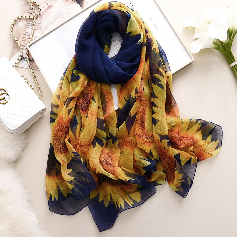 

Women Silk Scarf Elegant Sunflower Big Shawls Beach Wraps Foulard Travel Pashmina Scarves Crinkle Oil Pattern Hijab