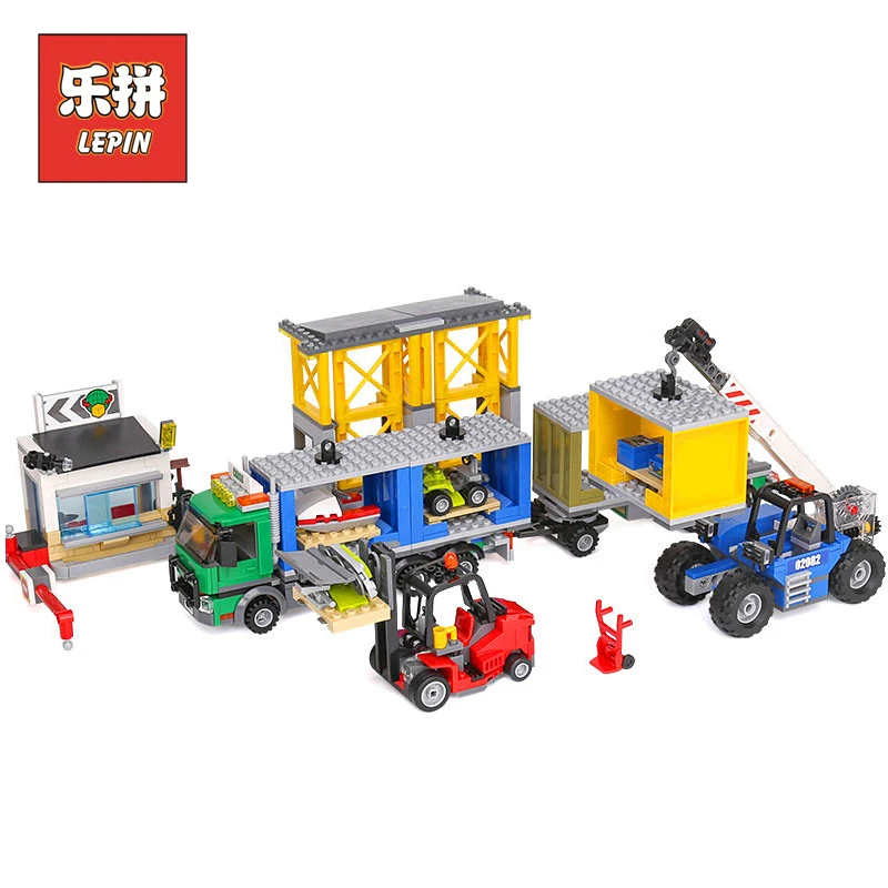 

Lepin 02082 City Series the Cargo Terminal Set Forklifts Model Building Kits Truck Blocks Bricks compatible 60169 Christmas Gift