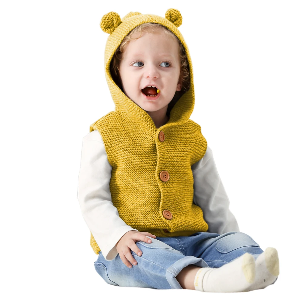 Свитера для маленьких мальчиков кардиганы для новорожденных девочек с изображением медведя из мультфильма акриловые трикотажные пальто унисекс детские куртки без рукавов с капюшоном