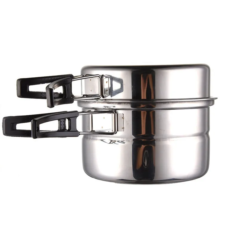 

3pcs Outdoor Stainless Steel Pot Pans Foldable Handle Picnic Portable Cookware Outdoor Camping Tableware with Steam Bracket