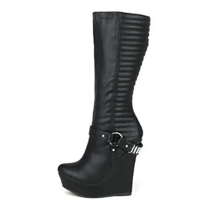 

Hot Selling Solid Black Color Platform Super High Heel Boots For Woman with Chain Knee-High Thin Heels Wedges Ladies Shoes