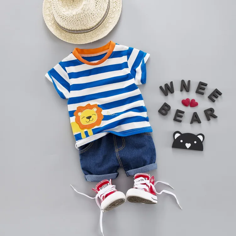 Модный летний комплект одежды в полоску для маленьких мальчиков, футболка с принтом животных+ джинсовый костюм, детская одежда, одежда для мальчиков 1, 2, 3, 4 лет
