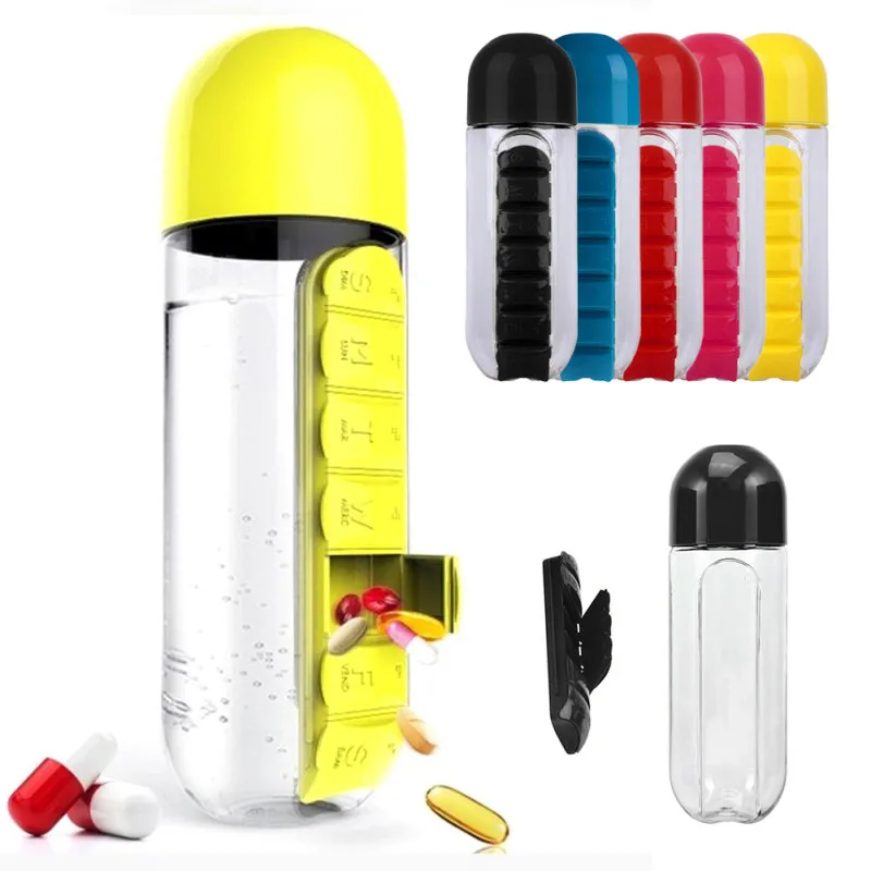 

600ml Outdoor Camping 2 In 1 Portable Water BottleWith Built-in Daily Pill Box Organizer Home Water Cup Kid School Use Remind