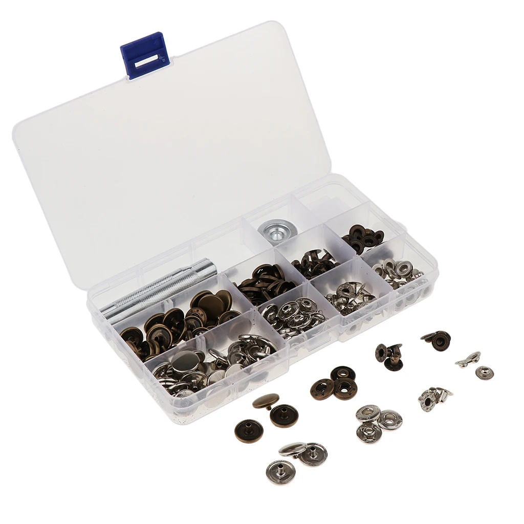 30 Sets Sewing Snap Fasteners Popper Press Stud Button Leather Tool Kits 10mm 12mm 15mm 17mm
