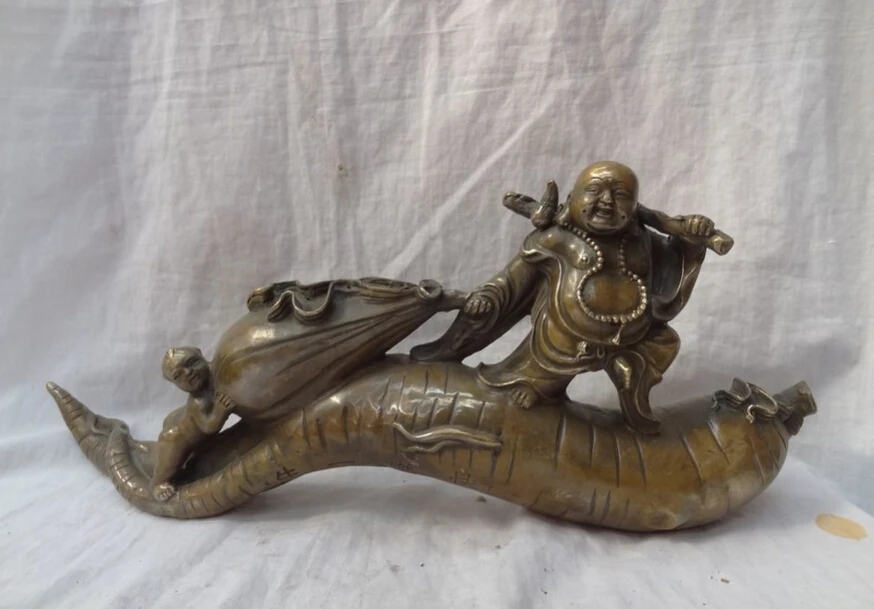 

S2893 20" Chinese Bronze Kid Bag Happpy Laughing Maitreya Buddha On Ginseng Statue D0318