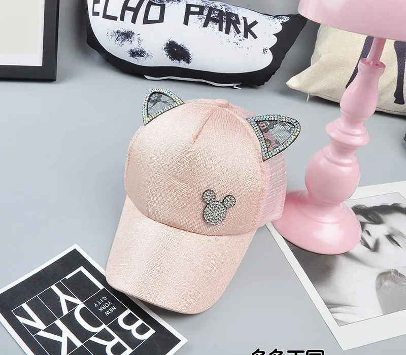 Детская бейсбольная кепка с алмазными кошачьими ушками, серебряная летняя кепка с проволокой для девочек, модная сетчатая шляпа с изображением Минни Мауса