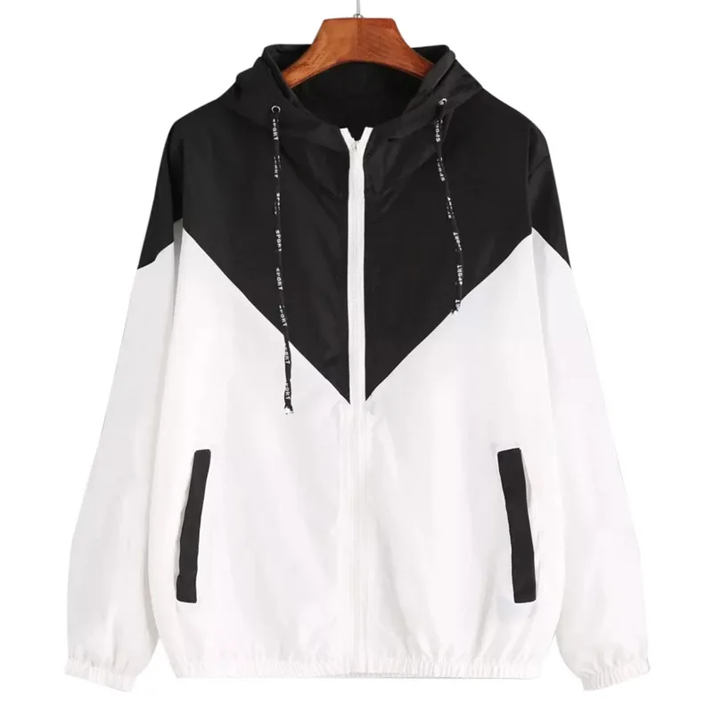 

CALOFE Autumn Plus Size Women Jacket Hooded Streetwear Windbreaker Jacket Coat Women Patchwork Tone Splice Clothes Veste Femme
