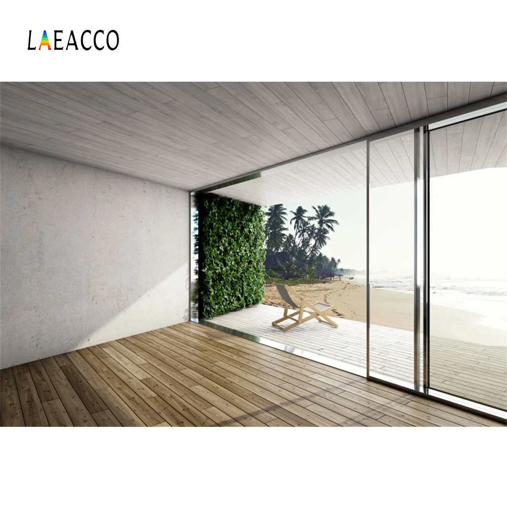 

Laeacco Tropical Sea Beach View House Interior Tree Scenic Photographic Backgrounds Photography Backdrops For Photo Studio