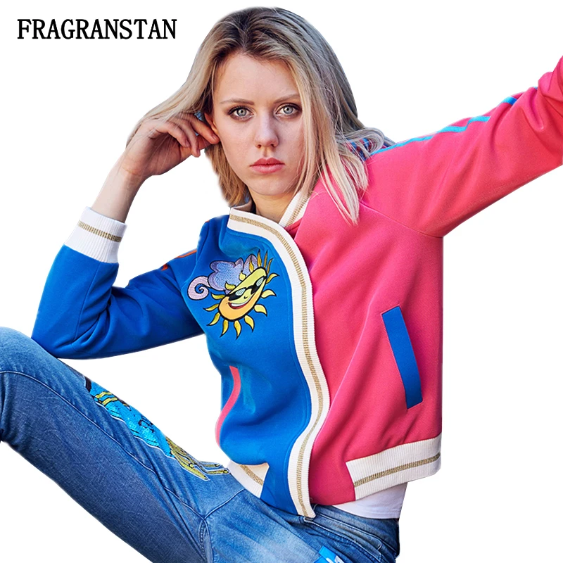 

2018 Spring Autumn Female V-Neck Casual Coat Women Cartoon Embroidery Print Hit Color Jacket High Quality Loose Outerwear JQ770