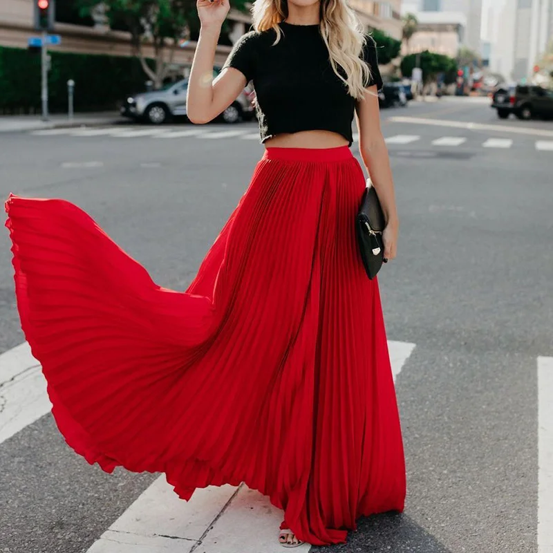 Шифоновые женские юбки, женская летняя Праздничная стильная одноцветная юбка с высокой талией, осенняя Весенняя Повседневная трапециевидная длинная юбка - Цвет: Red
