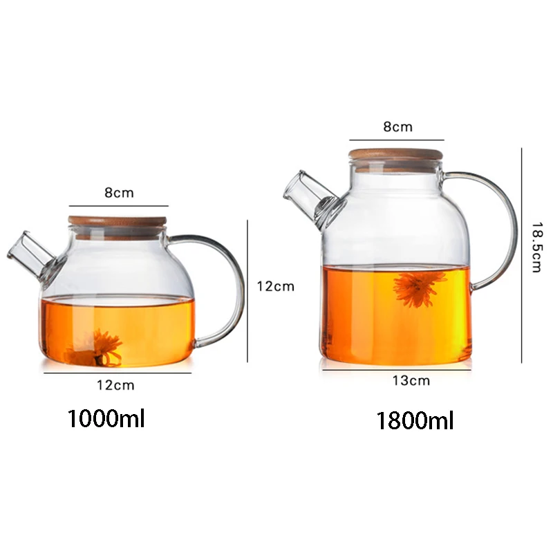 Price 1000ml 1800ml Glass Kettle Water Jug Heat Resistant Flower Teapots with Bamboo Lid Stainless Steel Cover Clear Juice Container