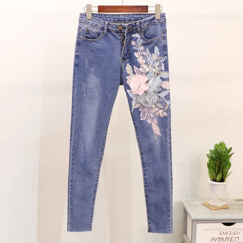 3 Pantalon Ensembles De 1 Dame Costume 2 Jeans Brodé Tricoté Paillettes Nouveau Automne Blouses Denim Deux Chandail 2019 Fleurs Femme pièce Femmes Una1C