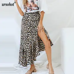 Ursohot сексуальные высокие Разделение леопардовым принтом юбки Для женщин 2018 Высокая талия оборками Нерегулярные Длинные юбки Boho Стиль