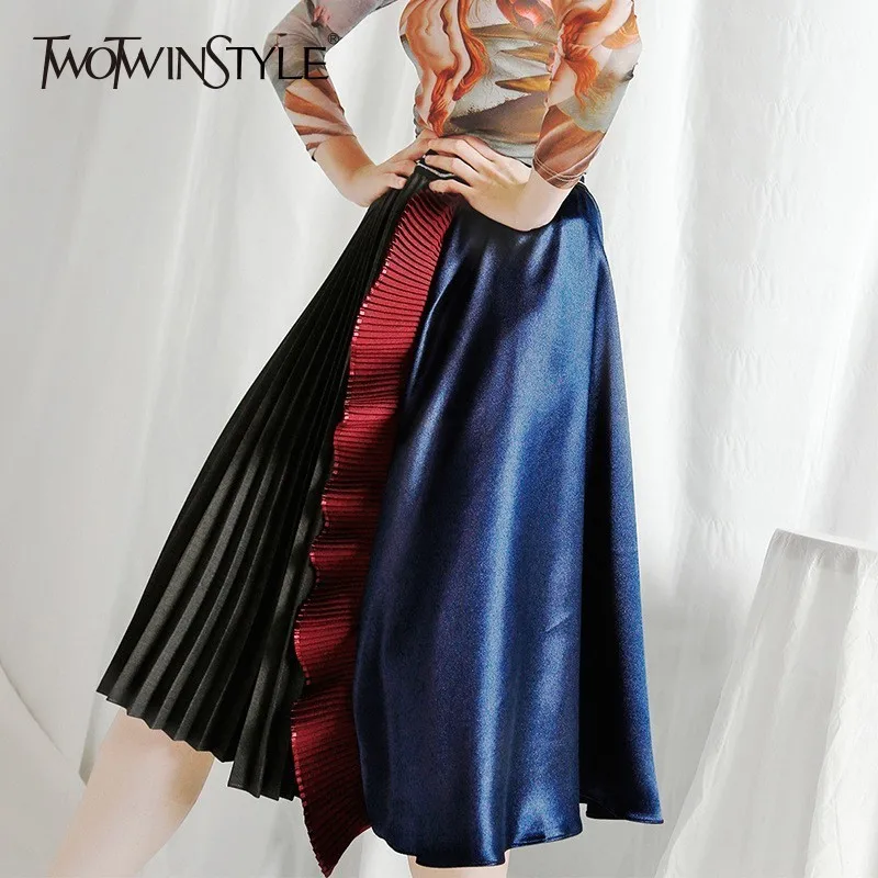 

TWOTWINSTYLE Hit Color Pleated Skirt Women Patchwork Ruffle High Waist Midi Skirts Female 2019 Autumn Fashion Casual Clothes New