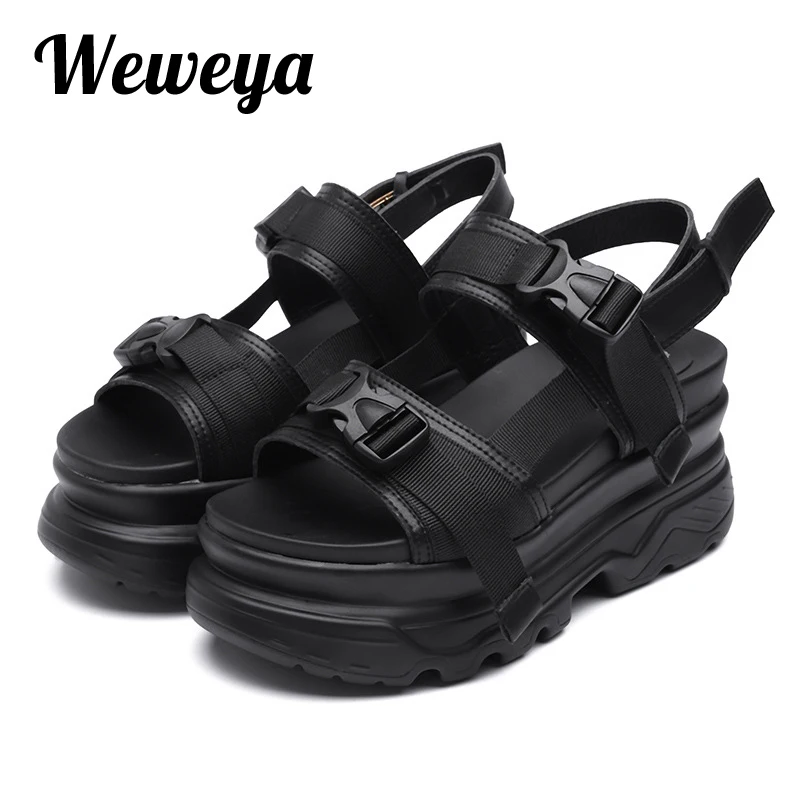 

8cm Platform Sandals Women Wedge High Heels Shoes Women Buckle Leather Canvas Summer Zapatos Mujer Slippers Woman Sandal Shoes