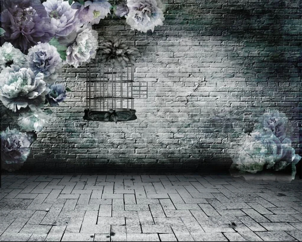 cheap Beibehang Custom Wallpaper Home Decorative Mural Retro 3D Brick Wall Flower Birdcage TV Sofa Background Wall mural 3d wallpaper