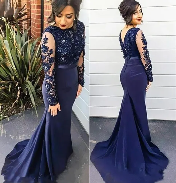 Cheap New Navy Blue Lace Mermaid Lady Dress Long Sleeves Beaded V Back Sweep Train Prom Party Dresses Bridesmaid Dress Cheap New Navy Blue Lace Mermaid Lady Dress Long Sleeves Beaded V Back Sweep Train Prom Party Dresses Bridesmaid Dress