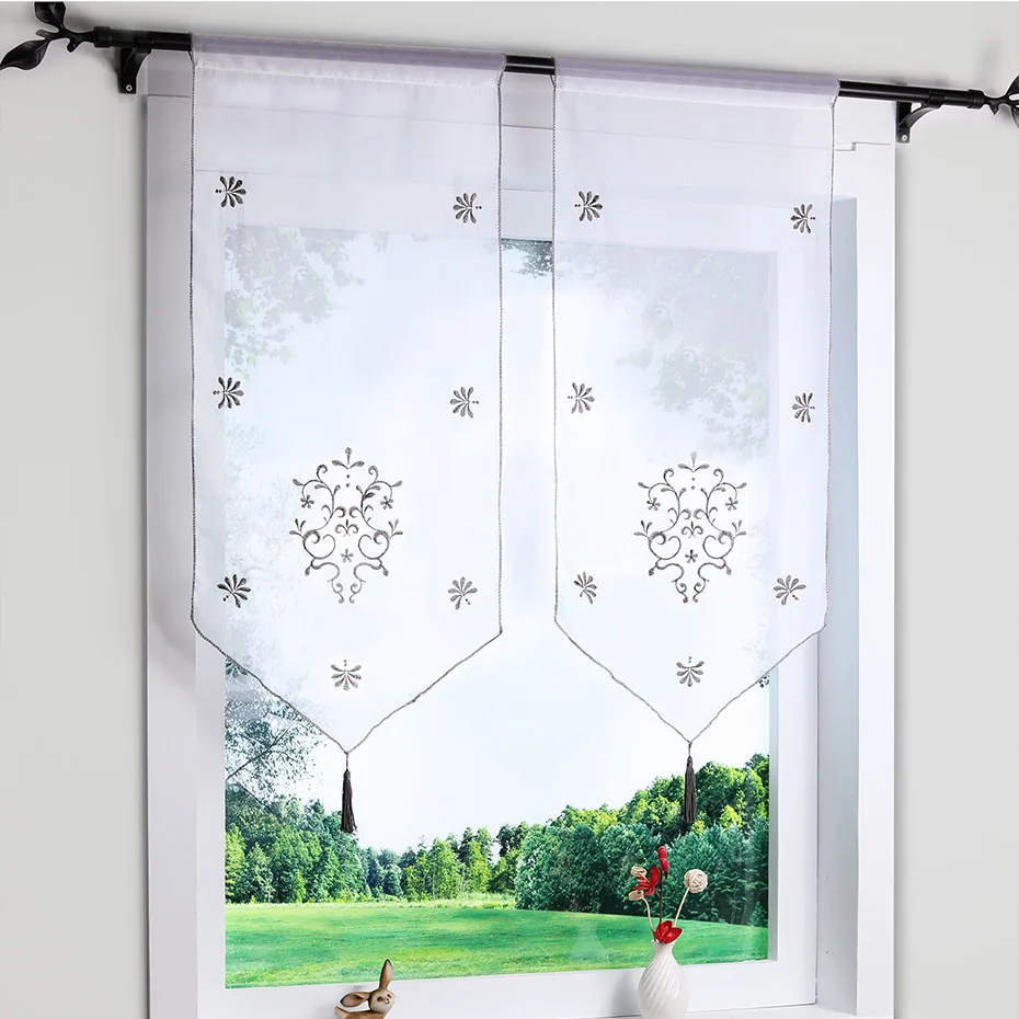 Вышитая римская занавеска Прозрачная Вуаль драпировка готовая карниз карман окно драпировка балдахин панель для кухни балкон 4 размера - Цвет: Grey