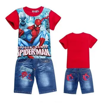 

2018 Retail spiderman kids clothing sets fashion cartoon children summer shirt jeans shorts set toddler boys 2-10Y