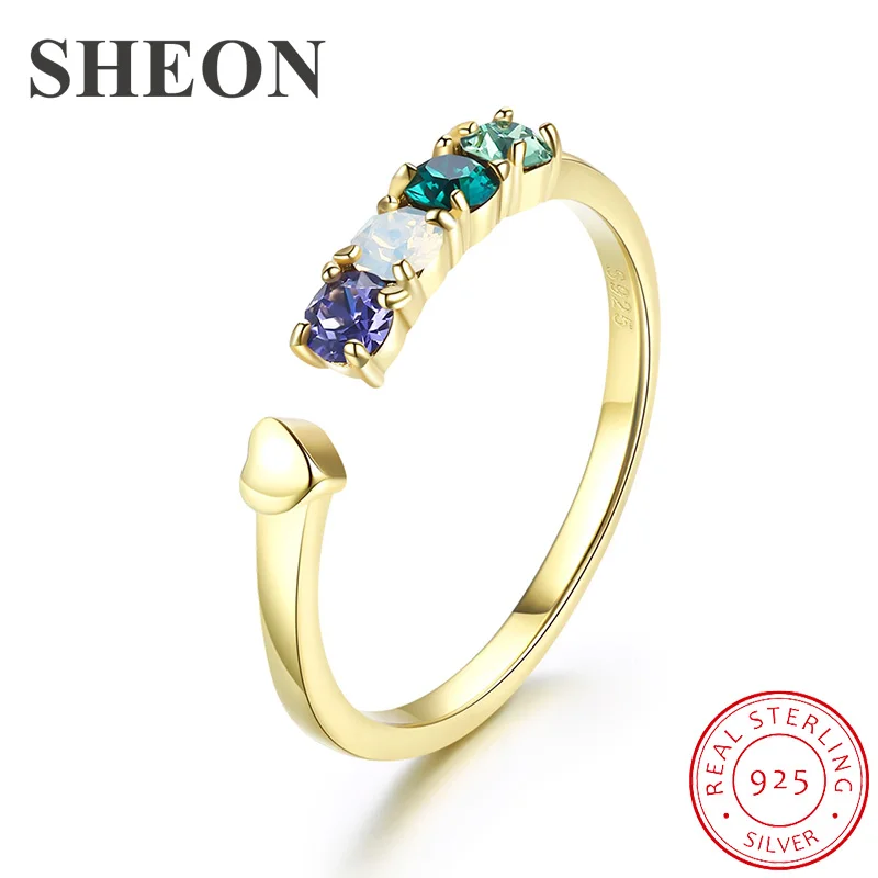 

SHEON Authentic 925 Sterling Silver Multicolor Crystal Open Finger Ring for Women Engagement Wedding Jewelry Girlfriend Gift