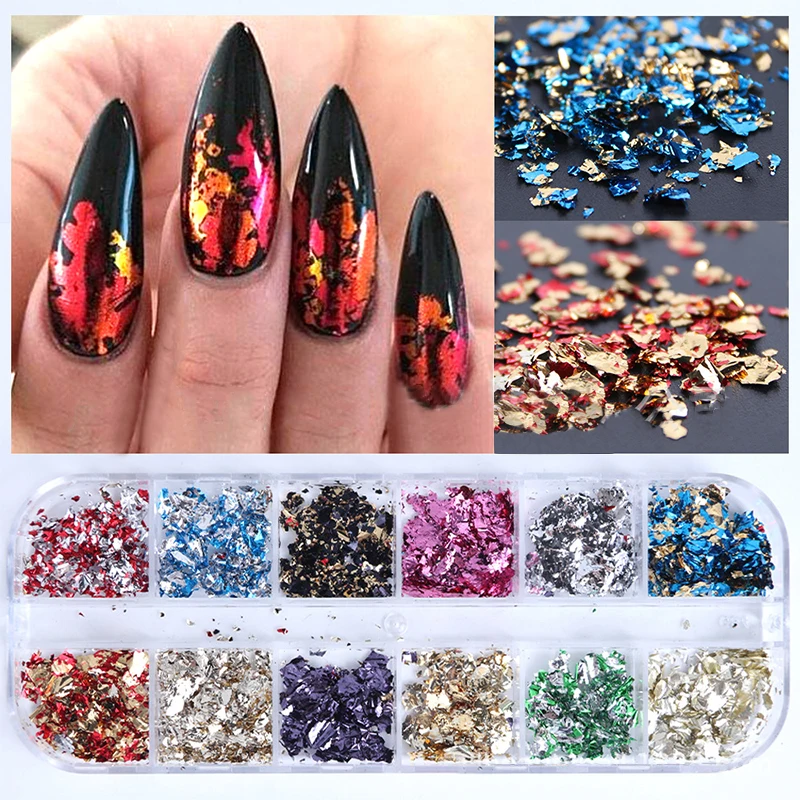 

12 Colors/Box 3D Nail Foils Irregular Metallic Gold Silver Colors Nail Flakies Stickers Nail Art Design Decorations Tips